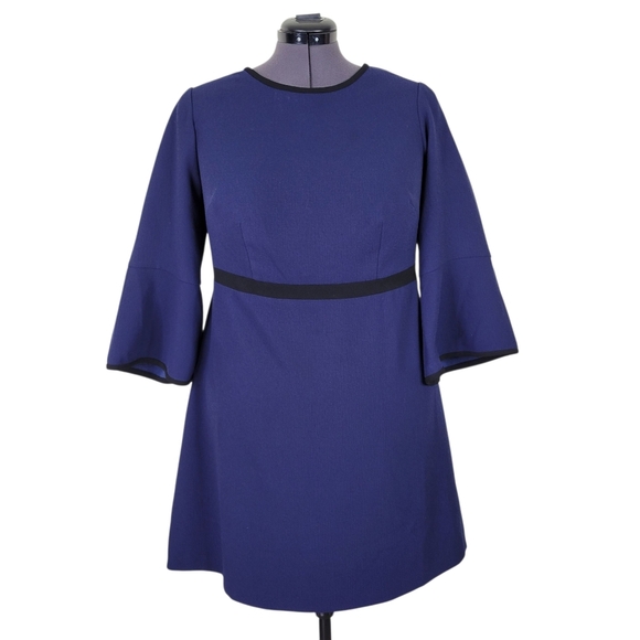 Eliza J A Line Dress Size 14W Blue Black Trim 3/4 Bell Sleeves Drop Waist Lined - Picture 1 of 9
